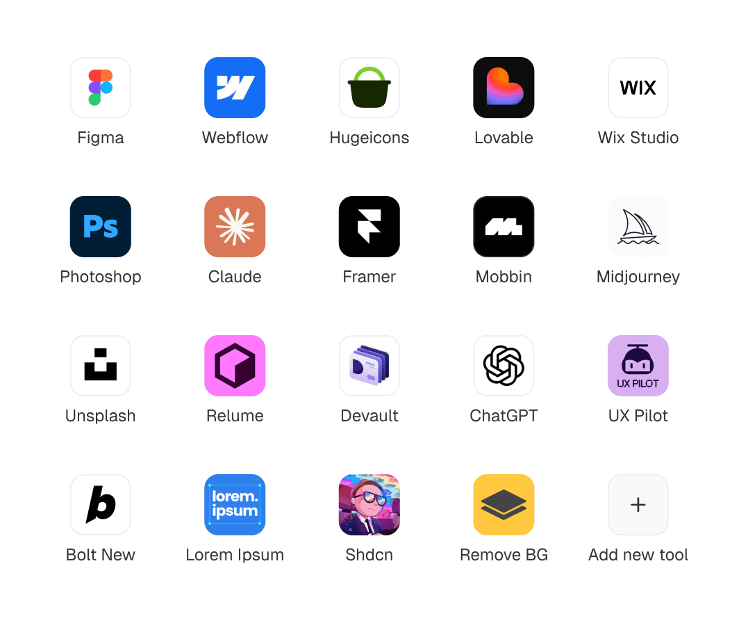 A grid of design tools saved in QuickPick — Figma, Webflow, Framer, Claude, ChatGPT and more.